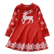 Knitted Sweater for Toddler Girls Children Winter Christmas Long Sleeve Deer Snowflakes Sweater Dress Princess Dress Warm for Baby Clothes Xmas Red Navy